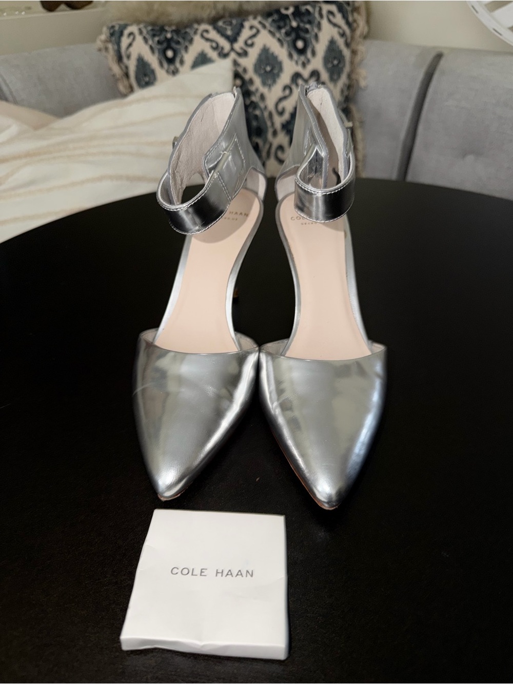 Cole Haan Silver Ankle-Strap Pointed Toe Pumps. Sz 6